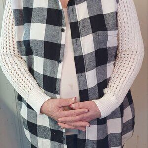 upcycled Black and white Buffalo Paid Flannel with Sweater sleeves